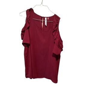 NY Collection Top Women's Large Burgundy Round‎ Neck Cold Shoulder Keyhole Back